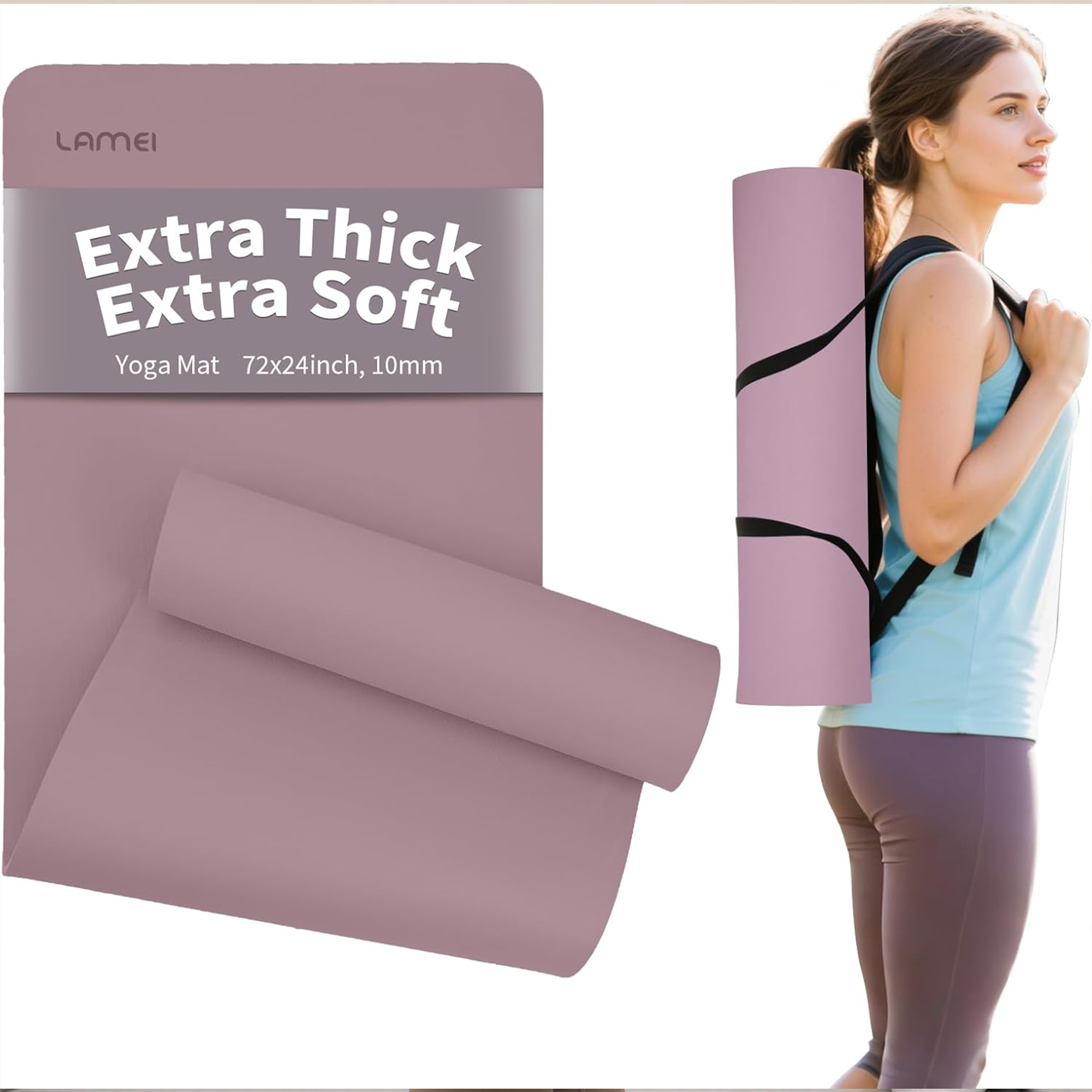 Lamei Yoga Mat,10mm Extra Thick Non Slip,Durable TPE Exercise Mats for Home Workout,Includes Straps for Carryingr, Eco-Friendly Travel Pilates
